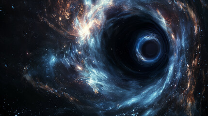 Digital illustration of a black hole surrounded by swirling galaxies and stars in deep space.