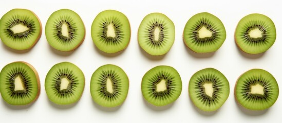 Wall Mural - Fresh green hardy kiwi slices arranged in a circle on a white surface, showcasing natural foods at an event. This terrestrial plant produce makes a delicious and healthy ingredient