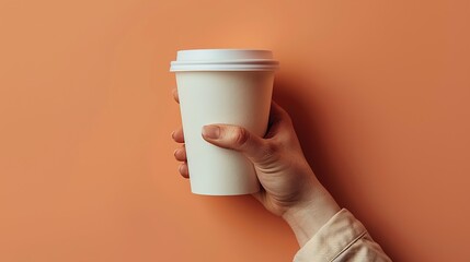 Wall Mural - product mockup in hand, stylish, blank coffee cup on a solid yellow background, with a focus on the high-resolution texture and details of the coffee cup Hasselblad