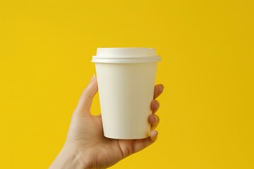 Wall Mural - product mockup in hand, stylish, blank coffee cup on a solid yellow background, with a focus on the high-resolution texture and details of the coffee cup Hasselblad