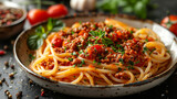 Fototapeta Mapy - Pasta Bolognese with Fresh Herbs