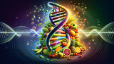Fototapeta Miasto - Vibrant DNA double helix intertwined with fresh fruits and vegetables symbolizing nutrigenomics