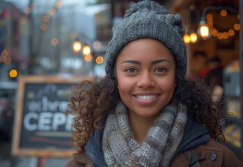 Wall Mural - A young woman with a happy smile wearing a hat and scarf is looking at the camera, showcasing her stylish headgear. She seems to be ready to travel or attend a city event