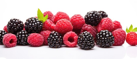 Wall Mural - A mix of raspberries and blackberries, both delicious and nutritious fruits, displayed on a simple white background. Perfect ingredients for a boysenberry dish or a dessert recipe