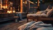 Night evening summer terrace with cozy sofa and green grass. Background concept
