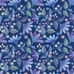 Wall Mural - Purple flowers design on blue color background seamless pattern.