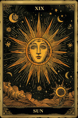 Medieval style tarot card n.19 the sun symbolizing optimism, positivity and fortune,card used in esoteric  cartomancy by fortune tellers