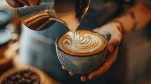 Barista Making Pouring Stream Milk With Coffee Latte Art Pattern Heart Shape