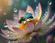 Insect sitting on a fairy flower, background is permeated with amazing water and dew drops