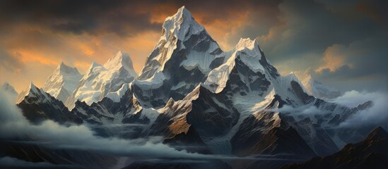 Wall Mural - A landscape painting depicting a snowy mountain under a cloudy sky, capturing the serene atmosphere of a natural landscape in winter