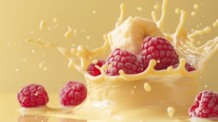 Sticker - A bunch of raspberries and bananas are being splashed with milk, AI