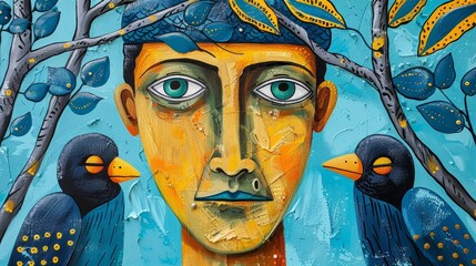 Wall Mural - A painting of a man with two birds on his head, AI