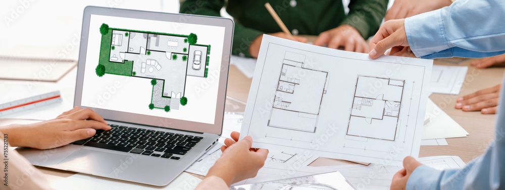 Blueprint Discussion Professional architect decide the blueprint for eco-friendly house ...