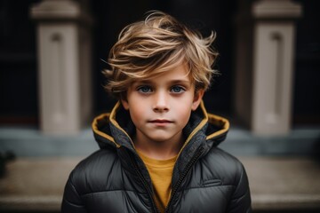 Wall Mural - Portrait of a cute little boy in a black down jacket.