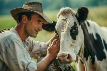 Milkman with a cow, male farmer taking care of a bovine animal in the field on a farm with copy space