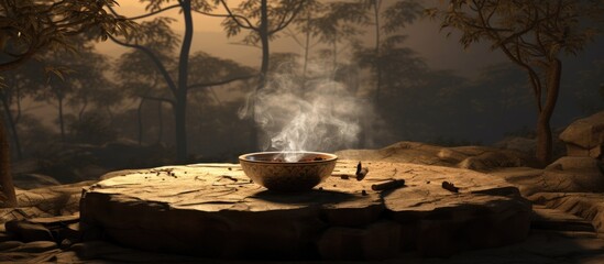 Wall Mural - A bowl of food sits on a rock in the tranquil natural landscape of the forest. Surrounding trees, clouds, and an eventful heat circle the scene