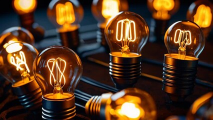 Poster - Abstract glowing yellow orange bright light bulbs abstract background, Photorealistic. Hyperdetailed
