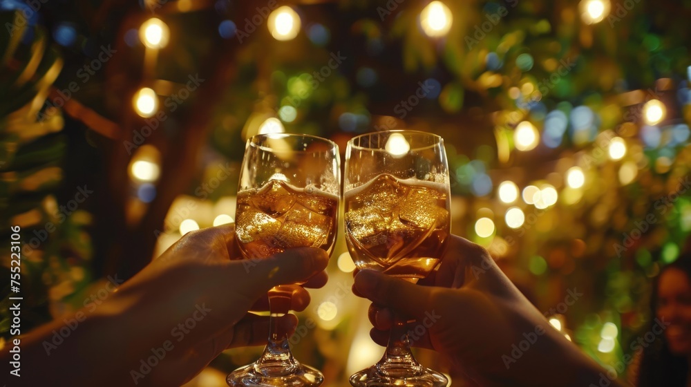 Cheers, toasting glasses of drinks together between friends and ...