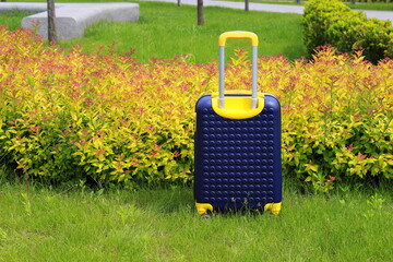 Blue yellow travel suitcase on wheels near bus station, airport, travel. Beautiful Suitcase near hotel, hostel, guesthouse, home