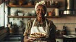 Grandmother holding baked sweet pie wallpaper background