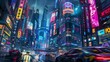 Futurustic neon city with holographic billboards