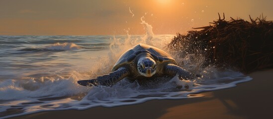 Wall Mural - A reptile, swimming gracefully in the water at sunset, creating a beautiful scene reminiscent of a painting. The landscape is filled with symmetry and wildlife