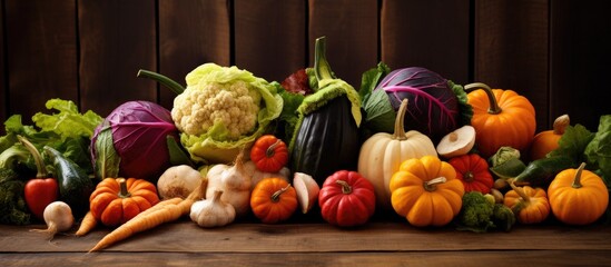 Wall Mural - A mix of plantbased foods including pumpkins, calabazas, and other winter squash are creatively displayed on a wooden table, showcasing whole and natural ingredients for healthy meals