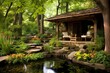 Peaceful Koi Pond Garden Oasis: Restful Benches in Tranquil Seating Area