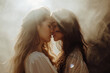 two women sapphic female wlw couple in sensual embrace in magical glowing fairy light setting ethereal surreal for magic/witchy equality/diversity lgbt in magazine cover editorial smokey look