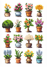 Retro Vintage Pixel Art Old Game Graphics Set Bundle Of Flowers Floral Botanical Tree Plant Mushroom Bird Icons Symbols Pixelated Isolated Garden 90s Video Game Nostalgia Look
