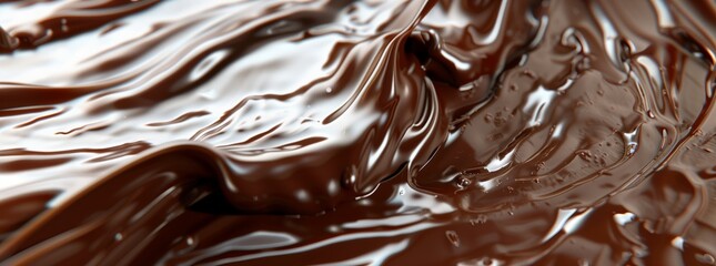 A close up of brown liquid chocolate creating a beautiful pattern on a wooden table, resembling art. The fluid texture contrasts with the solid wood surface