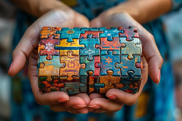 Aufkleber - hands holding a puzzle composed of pieces depicting cultural symbols, emphasizing the interconnected