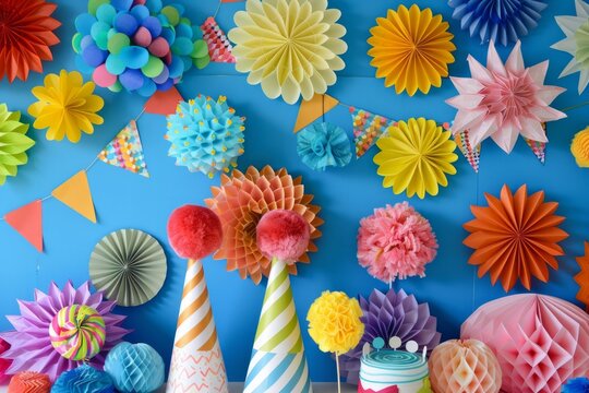 Lively birthday party ambiance with vibrant party decorations, including hats, banners, and pom-poms.
