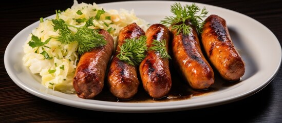 Sticker - A plate of sausages and mashed potatoes is displayed on the table. This dish consists of fried meat combined with mashed produce, perfect for a hearty meal