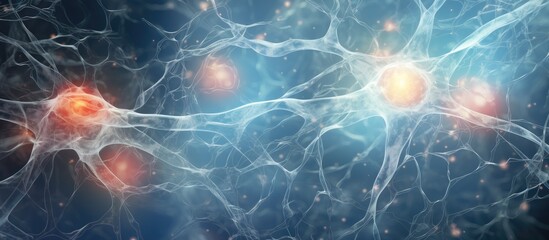 Poster - An electric blue computergenerated image of interconnected neurons resembles an astronomical object in the darkness, creating an intricate pattern like a watercolor art piece