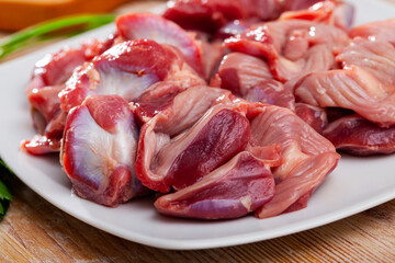 Poster - Raw poultry, fresh chicken gizzards with condiments on white plate