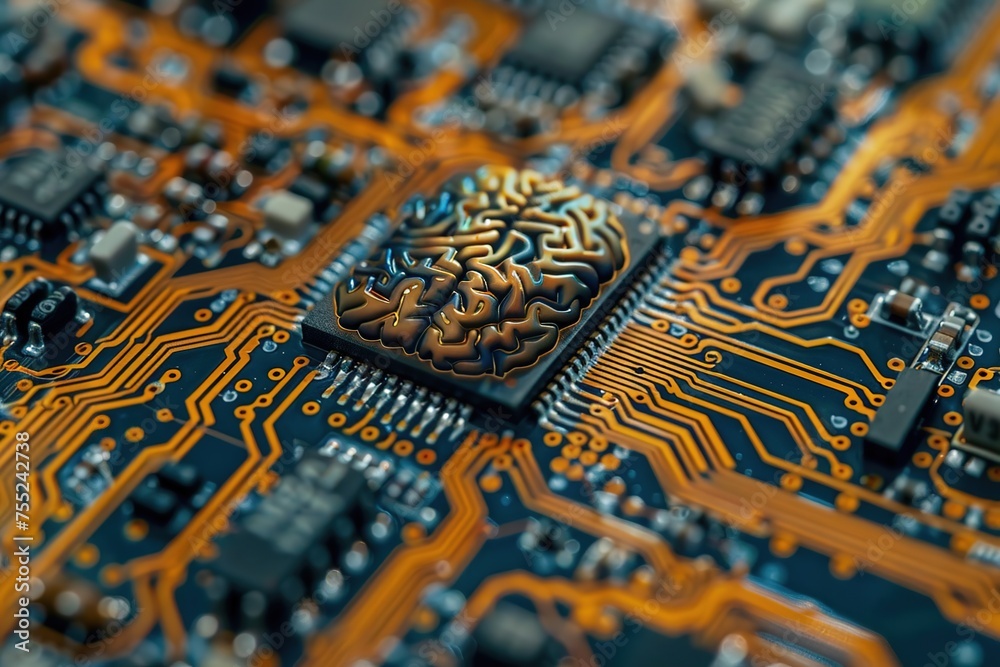 Circuit board that looks like a brain in the center of the concept ...