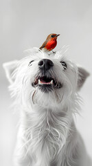 Wall Mural - A white carnivore dog with a red bird on its head, happy and with whiskers