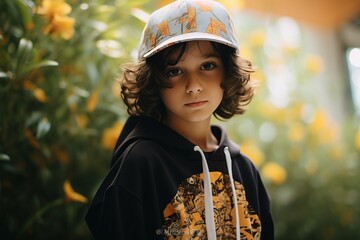 Wall Mural - Portrait of a boy with curly hair in a cap on a background of yellow flowers