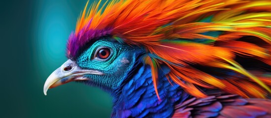 Wall Mural - A close up of the head of a vibrant blue Phasianidae bird with a long beak, showcasing its colorful feather and striking eye with a prominent iris