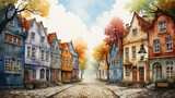 A watercolor painting capturing the charm of a quaint street lined with colorful townhouses and cobblestone paths.