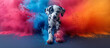 Cute Dalmation pup in a splash of colors. Puppy dog sliding through cloud of colorful neon powder dust. In style of pet vet shop content advertisement banner.
