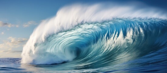 A large electric blue wave is breaking in the ocean on a sunny day, creating a beautiful meteorological phenomenon in the landscape