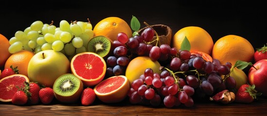 Poster - A diverse selection of fruits, a type of plantbased food, are displayed on a wooden table. The array includes various seedless fruits, natural foods rich in nutrients and vitamins, and fresh produce