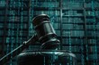 Close up of a gavel about to strike against the backdrop of a digital law library