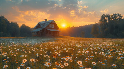 Large expanse meadow field with display in the distance a cozy cabin and yellow sunset skies with clouds