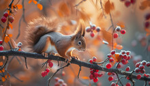 A Squirrel With A Bushy Tail Stands On A Branch Among Red Berries And Orange Leaves, Bathed In Warm Sunlight