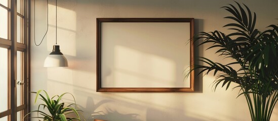 Sticker - A wooden picture frame is hanging on a wall next to a palm tree, creating a beautiful landscape. The glass window tints and shades the event fixture