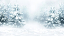 A Serene Winter Landscape With Snowcovered Fir Trees Fading Into A White Misty Background