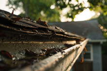 Closeup Of A Storm Gutter Filled With Fallen Leaves And Debris On The Roof Of A House.
